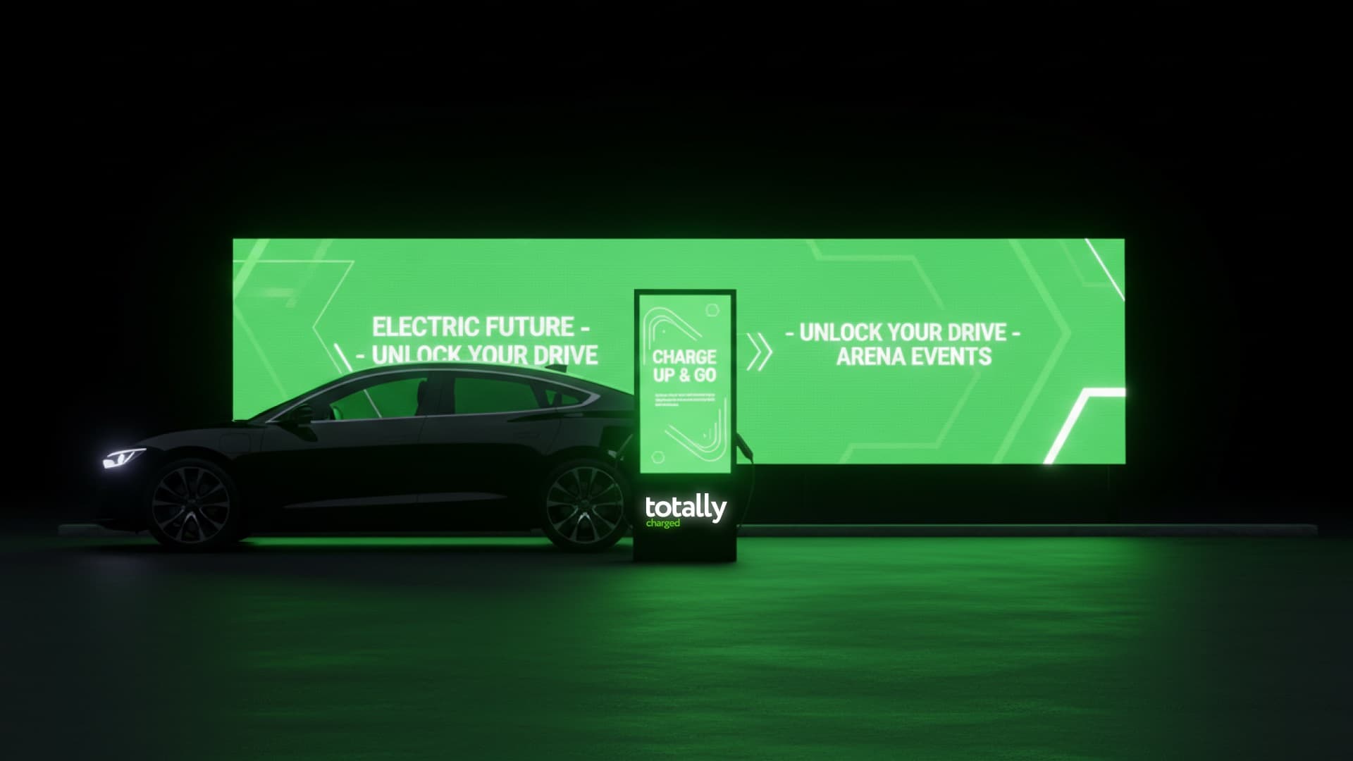 An electric car charging at a TC Totem in front of a green LED wall